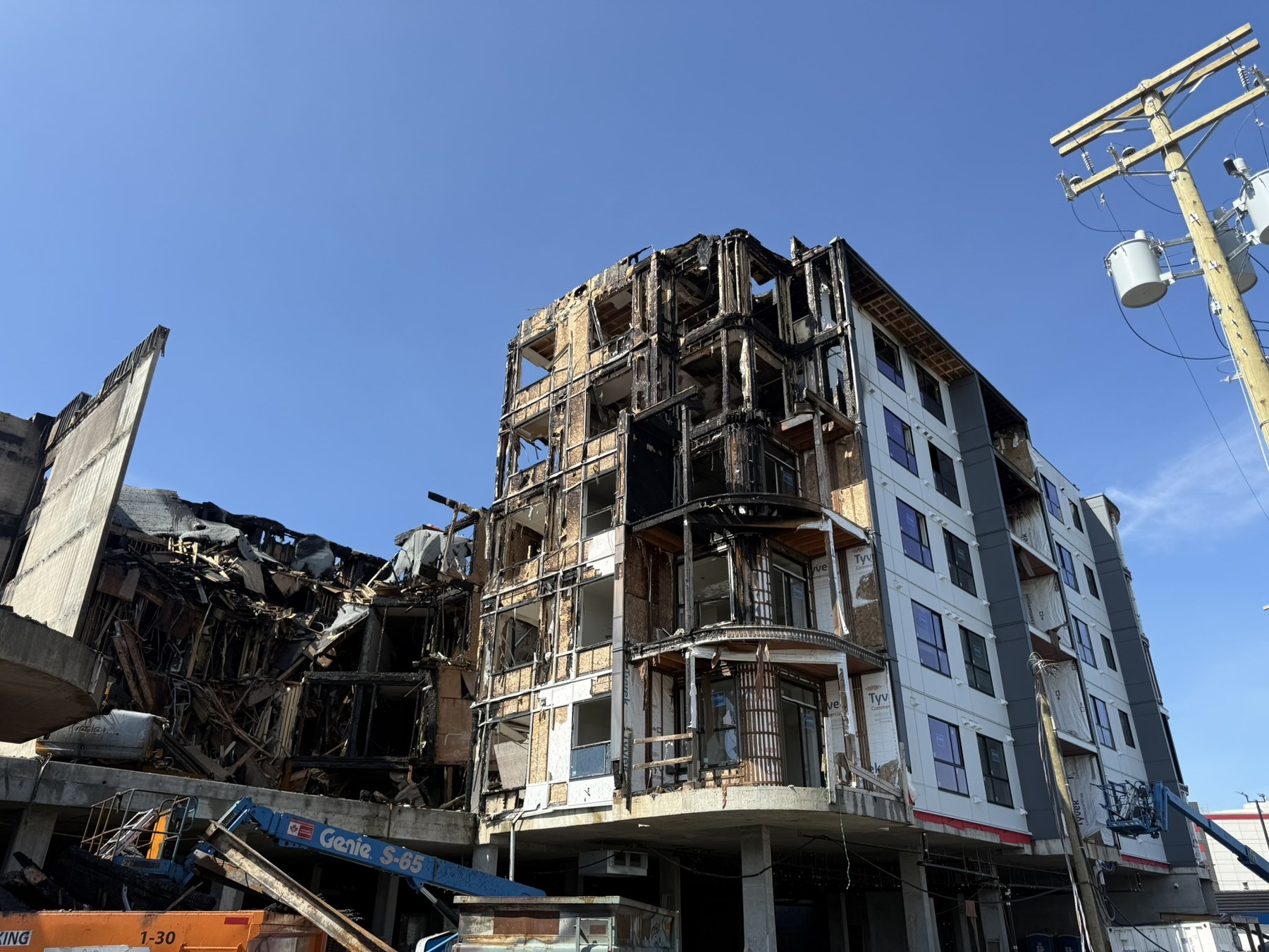 Fire-damaged multi-storey construction building after the Langley construction fire