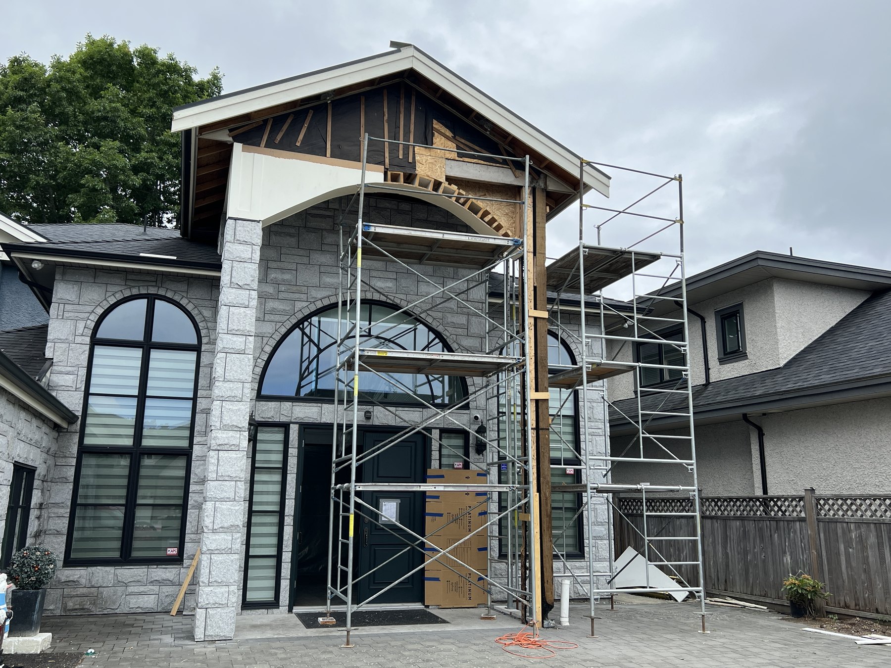 Residential renovation project with scaffolding